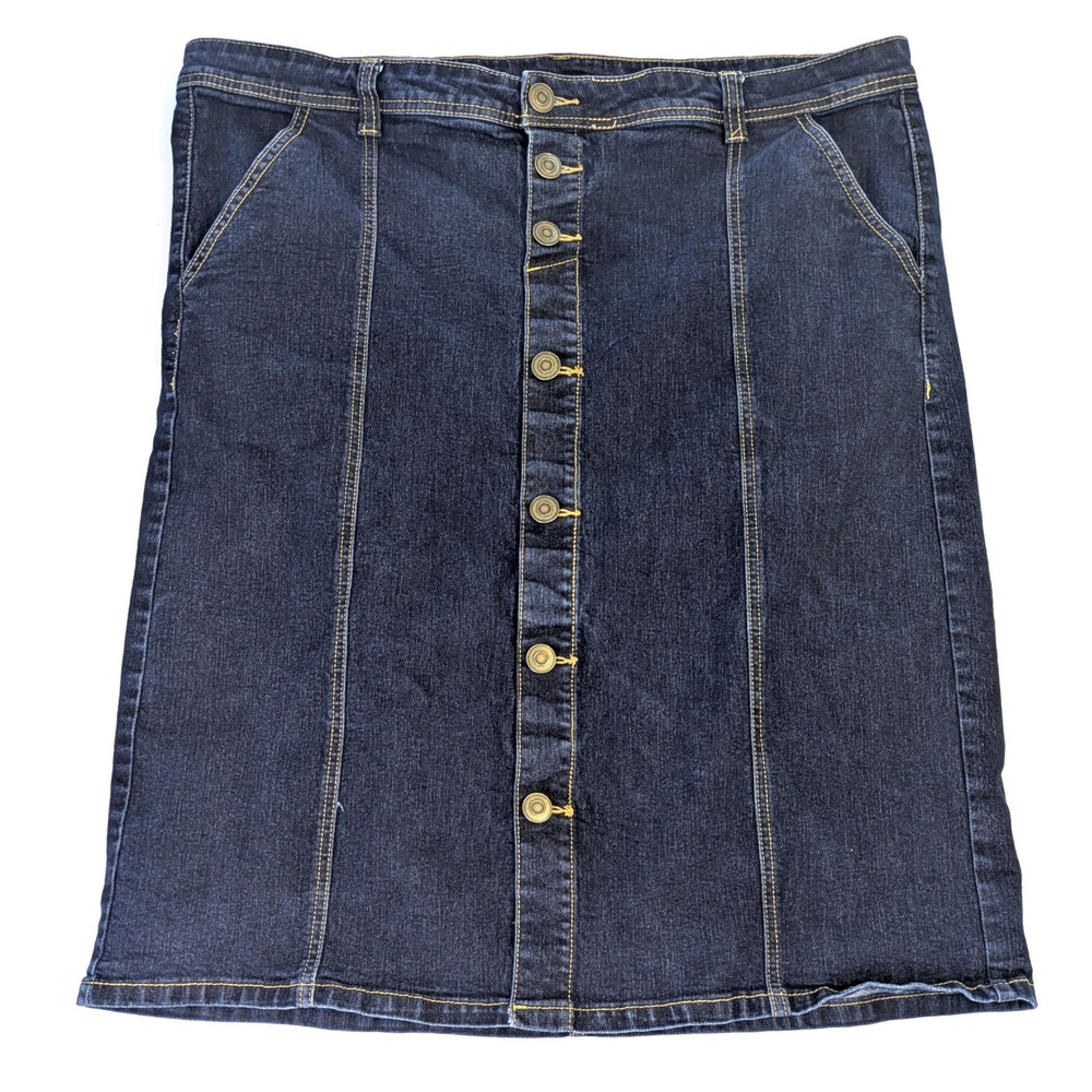 CJ Banks Denim Skirt Womens 20W Dark Wash Button Front A-Line Casual Blue Skirt